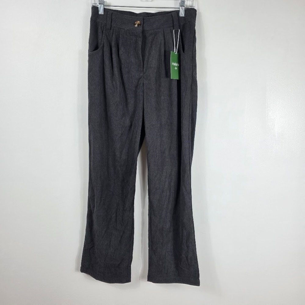 Halara Women Charcoal Gray Corduroy Pleated High‎ Waist Straight Leg Pants Small